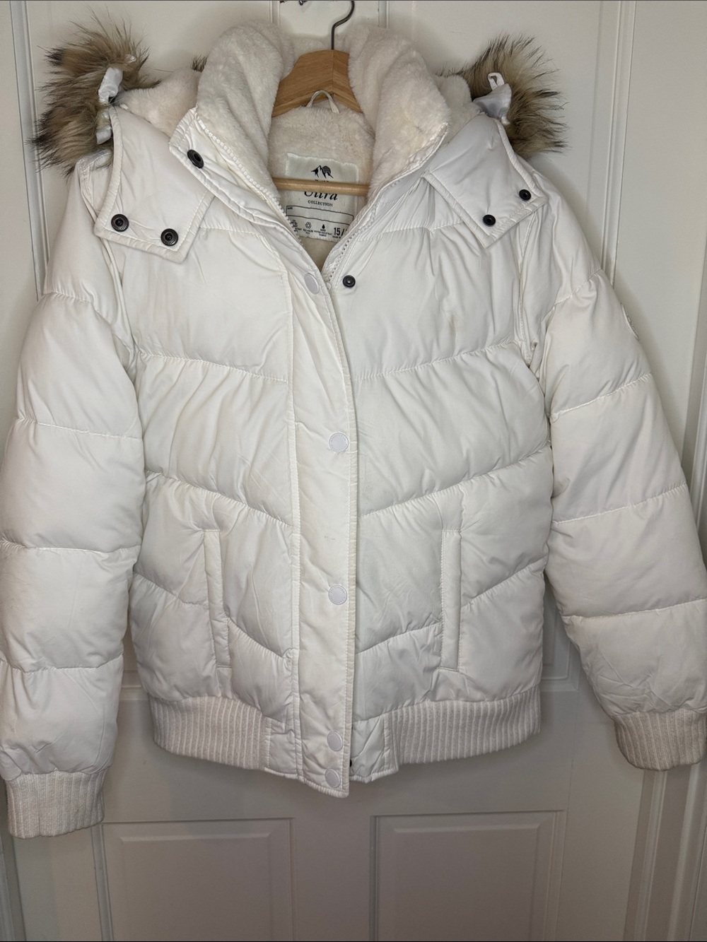Girls' White Puffer Jacket with Faux-Fur Trim